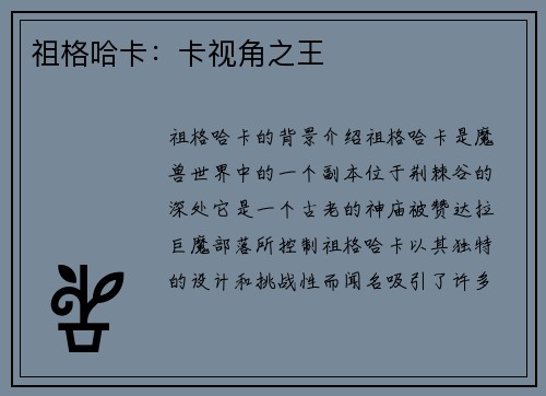 祖格哈卡：卡视角之王